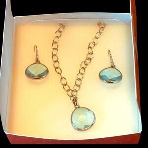 Stella & Dot Pendant Necklace And Earrings Set Aqua Glass Gold Tone